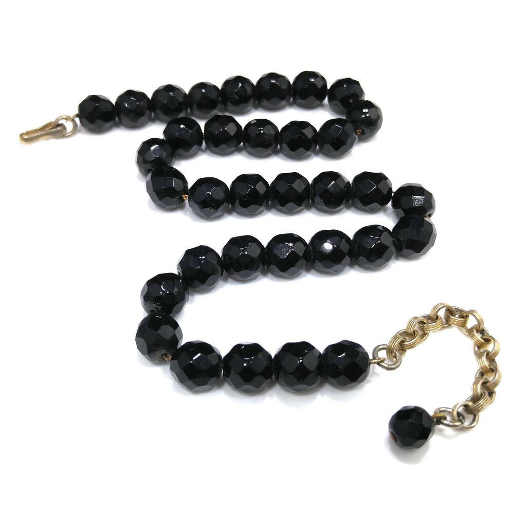 Vintage Black Glass Beaded Necklace, Strung on Chain, 10mm Beads